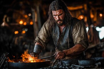 Fototapeta premium Skilled blacksmith working in a rustic forge, crafting tools amidst glowing flames and metal sparks