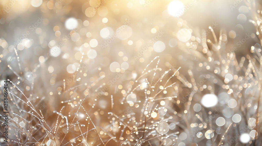 Poster a sparkling, ethereal background of tall grass with dew drops and bokeh.