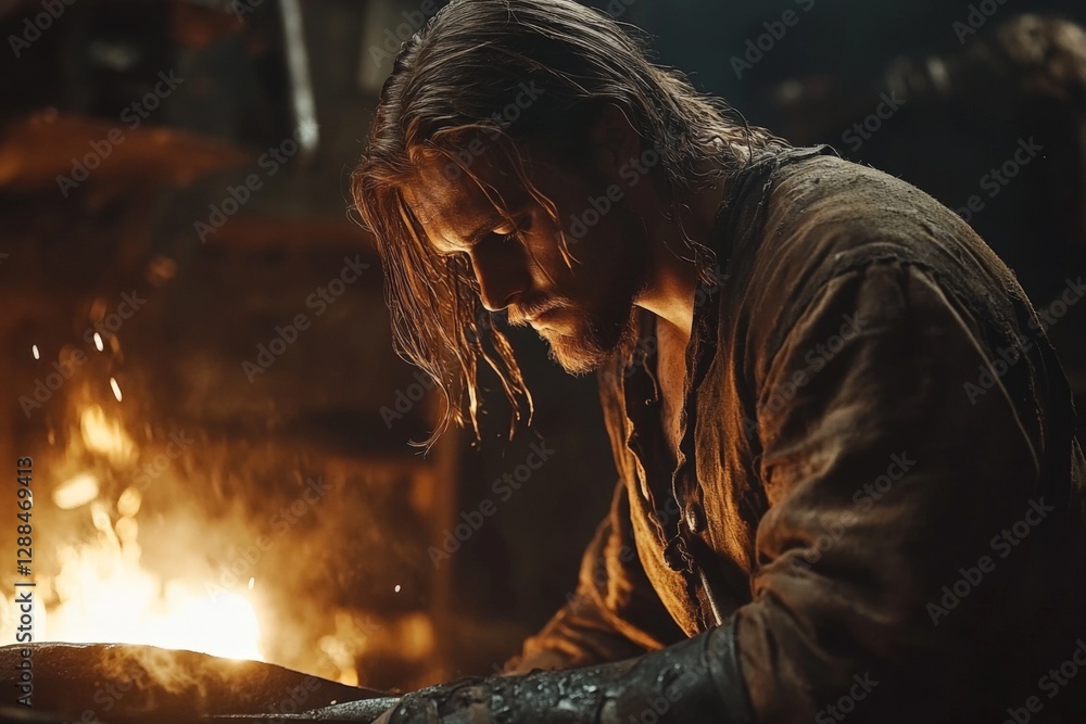 Poster Blacksmith working diligently in a workshop illuminated by the glow of the forge during the evening hours