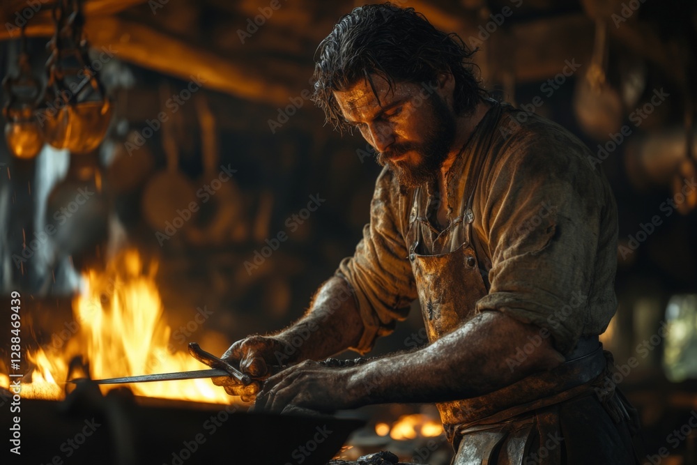 Poster Smith working diligently at an anvil in a rustic forge illuminated by warm firelight during the evening