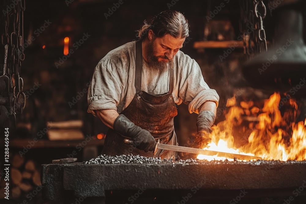 Poster skilled blacksmith crafts a sword in a workshop surrounded by fire and tools during the day