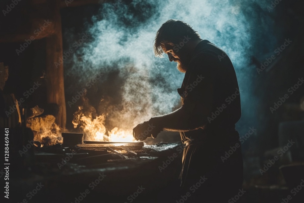 Poster blacksmith shaping metal in a workshop surrounded by glowing embers and smoke during evening hours