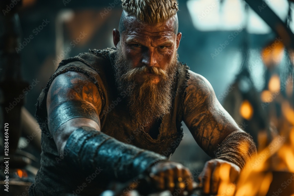 Poster skilled blacksmith working diligently in a forge with glowing coals and intricate tools during the e