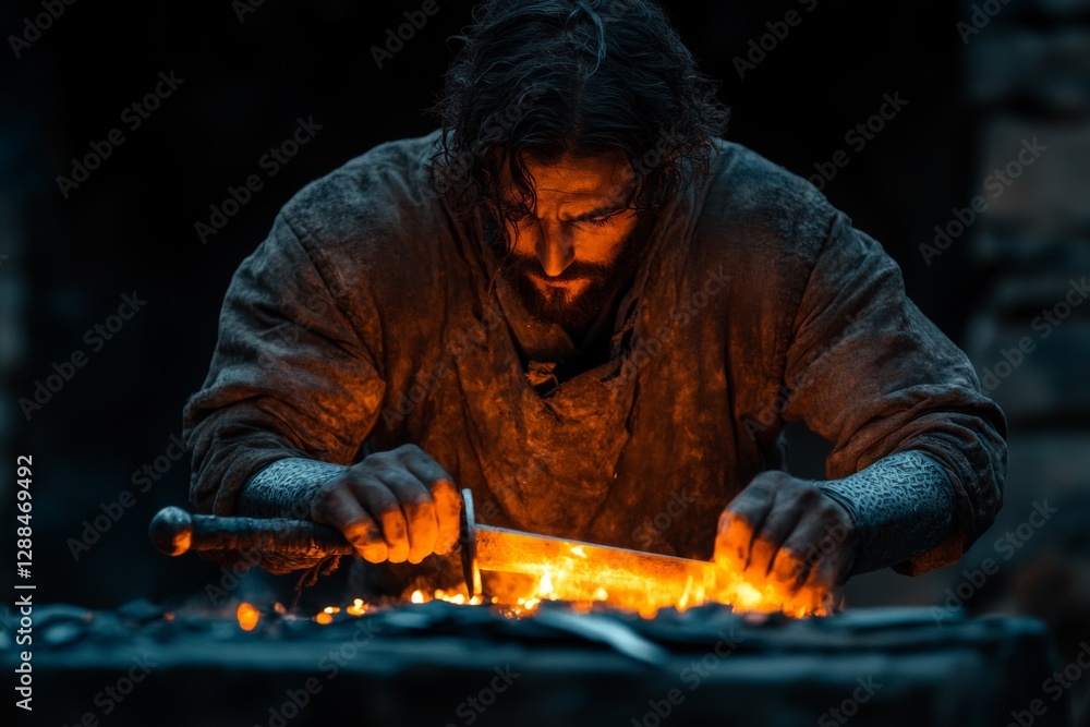 Aufkleber Crafting a sword by the forge during twilight in a rustic workshop