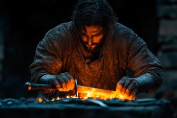 Crafting a sword by the forge during twilight in a rustic workshop