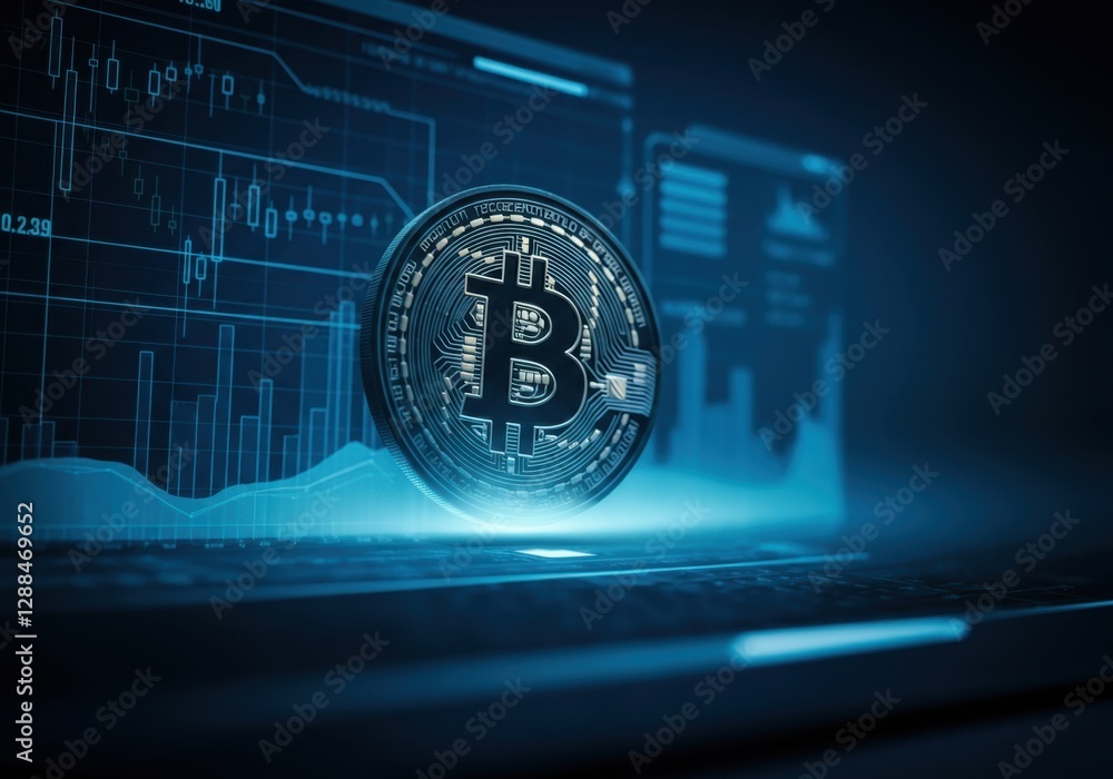 Poster bitcoin cryptocurrency coin floating over laptop keyboard showing stock market charts and data, conc
