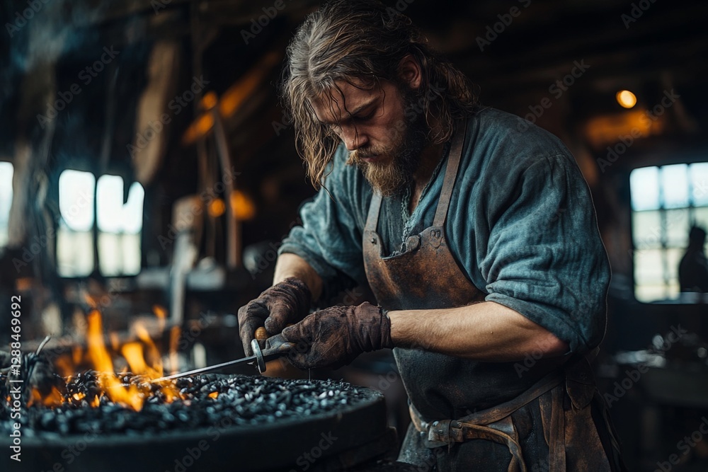 Poster crafting a blade in a traditional blacksmith workshop during the late afternoon with a focus on fire