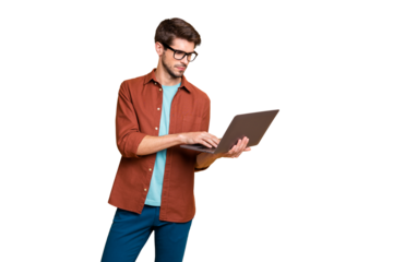 Portrait of his he nice attractive serious successful smart clever focused concentrated brunette guy holding in hands laptop browsing isolated over beige color pastel background