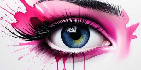Colorful eye with artistic makeup and vibrant pink splash effect