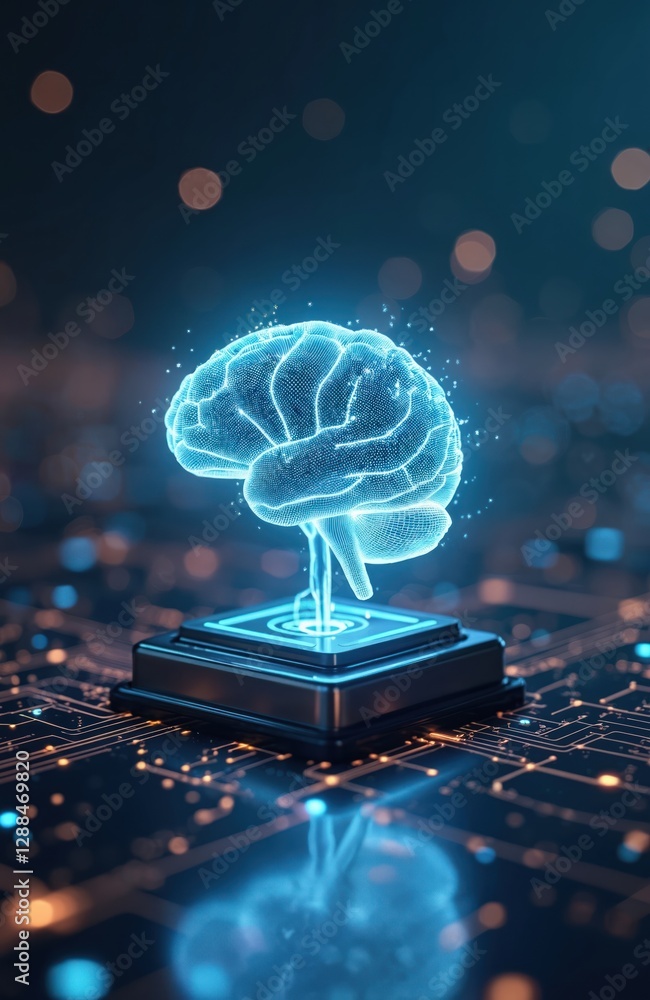 Poster futuristic glowing brain hologram hovers above backdrop of circuitry, digital nodes, symbolizing mod