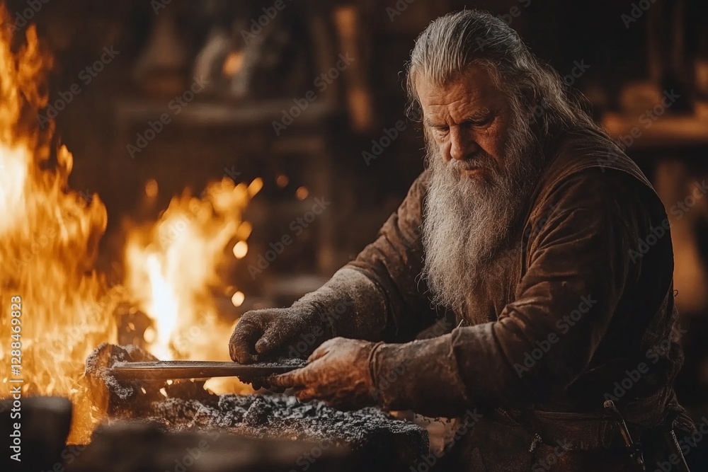 Poster Blacksmith working on metal in glowing forge with fire in a rustic workshop during evening hours