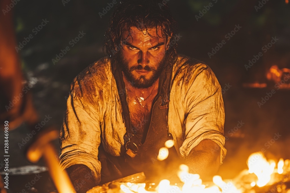 Poster Intense blacksmith at work in a dimly lit forge surrounded by glowing embers and tools in a historical setting