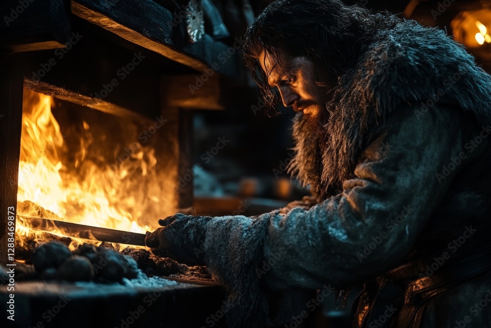Poster blacksmith working diligently in a forge by a roaring fire in a dimly lit workshop during the night
