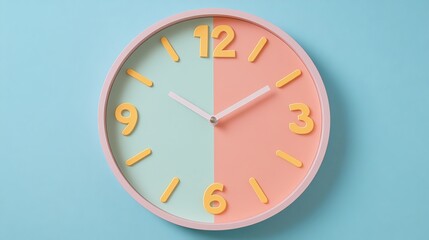 A colorful wall clock with a peach and teal split design, featuring yellow numbers, indicating the time is approximately 10:10.