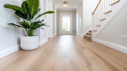 Modern hallway with oak flooring and plants