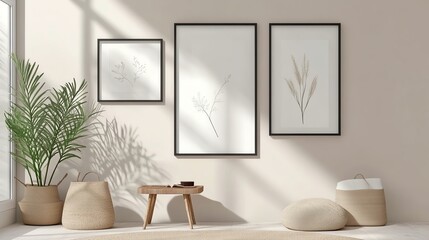 A serene interior featuring three framed botanical prints, a wooden table, cozy seating, and a lush plant, bathed in natural light.