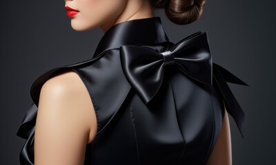 Elegant woman in black satin dress with stylish bow and red lips