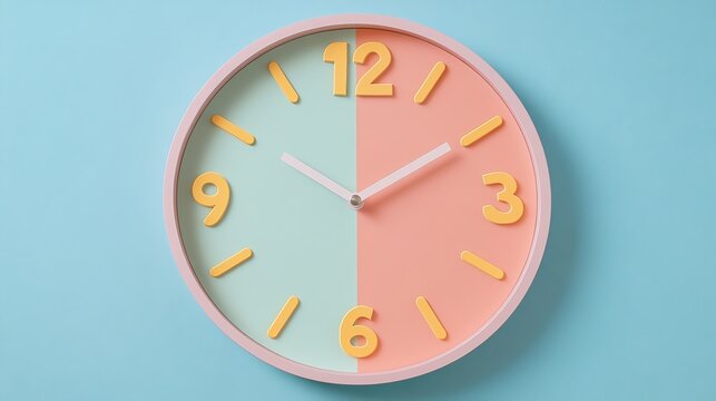 A colorful wall clock with a peach and teal split design, featuring yellow numbers, indicating the time is approximately 10:10.