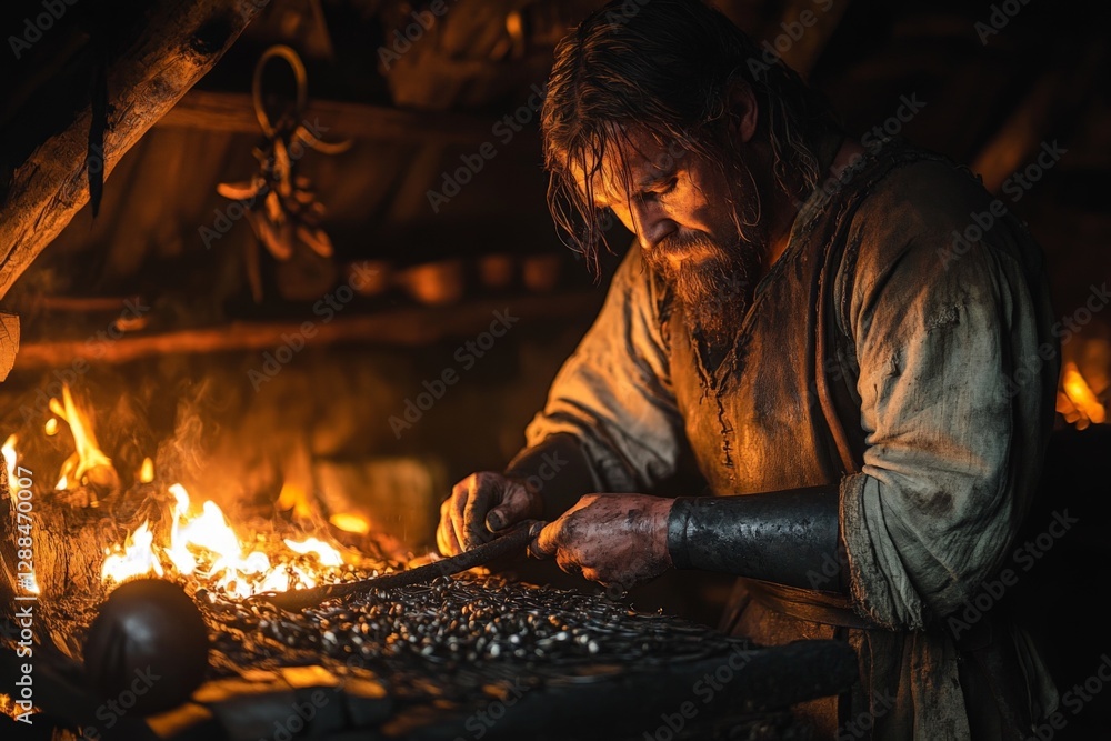 Aufkleber Blacksmith working diligently by the fire in a rustic workshop during the evening hours