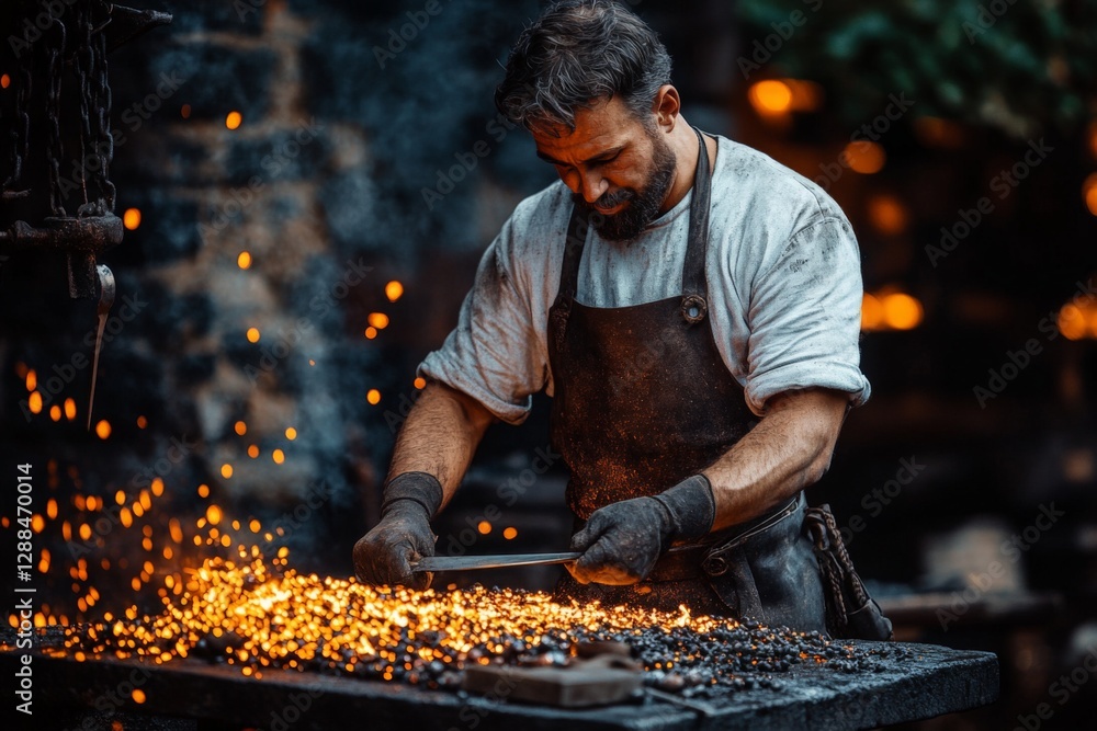 Aufkleber blacksmith working meticulously at an anvil in a rustic forge during twilight, shaping glowing metal