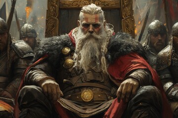 Fototapeta premium Mighty warrior sits on throne surrounded by armored soldiers in a battle-ready atmosphere