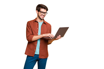 Portrait of his he nice attractive cheerful cheery successful smart clever intelligent brunet guy...
