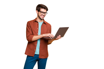 Portrait of his he nice attractive cheerful cheery successful smart clever intelligent brunet guy consultant agent broker holding in hands laptop isolated over beige color pastel background