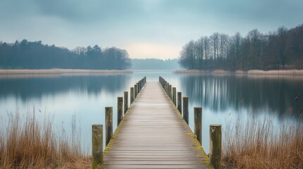 Fototapeta premium Serene wooden pier extending to calm lake, misty winter trees background, peaceful nature scene