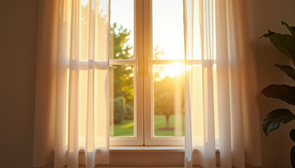 Fototapeta premium Sunlit Window with a View of a Green Lawn and Trees, Symbolizing Purity and Connection to Nature