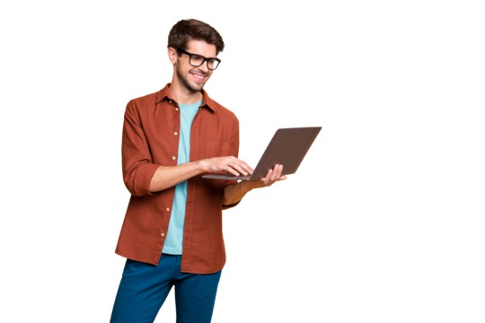 Portrait of his he nice attractive cheerful cheery successful smart clever intelligent brunet guy consultant agent broker holding in hands laptop isolated over beige color pastel background
