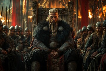 Viking king seated on throne surrounded by warriors in a dramatic hall setting amidst flickering flames