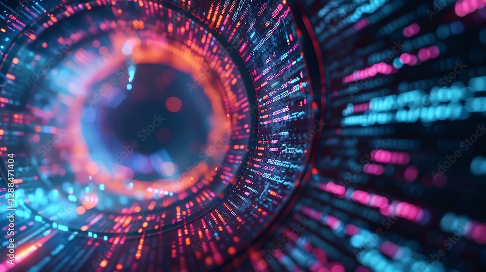 Poster an abstract image of a digital tunnel with glowing pink and blue lines and circles.