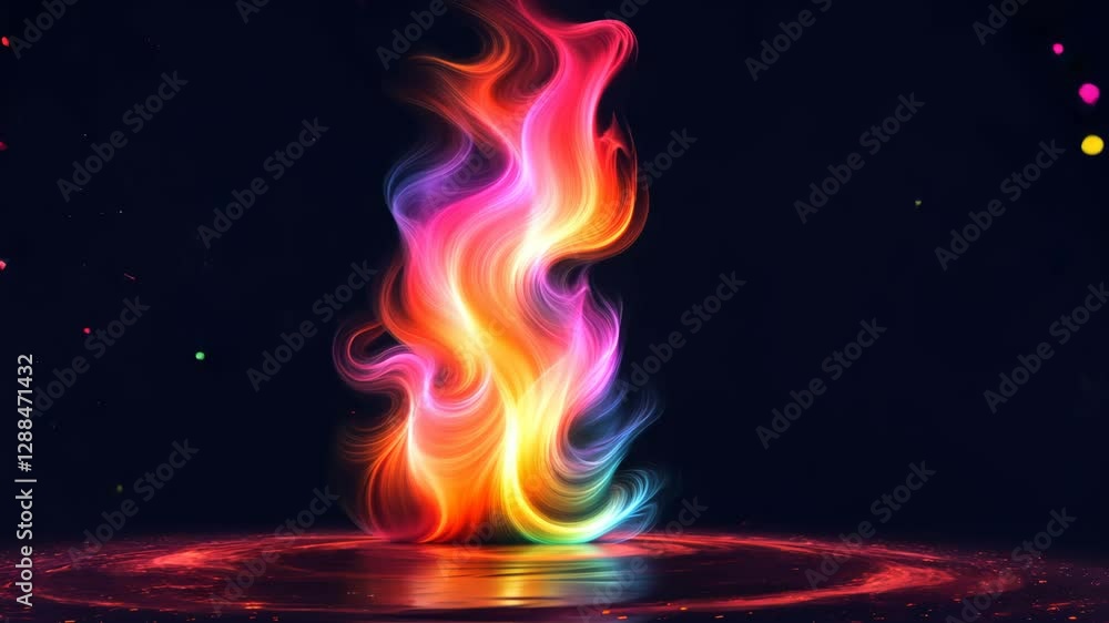 Poster a colorful flame is lit up in the air. the flame is multicolored and has a long tail