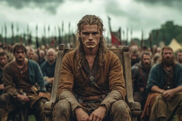Fototapeta premium Young leader sitting on a throne during a gathering of warriors in a medieval setting with cloudy skies