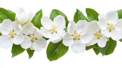 Closeup of white apple blossoms and green leaves isolated on a clear white background, PNG clipart cutout, no shadow, no gradient, white color