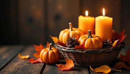 Candles and pumpkins in a wooden basket filled with autumn leaves and pinecones, halloween, pinecones
