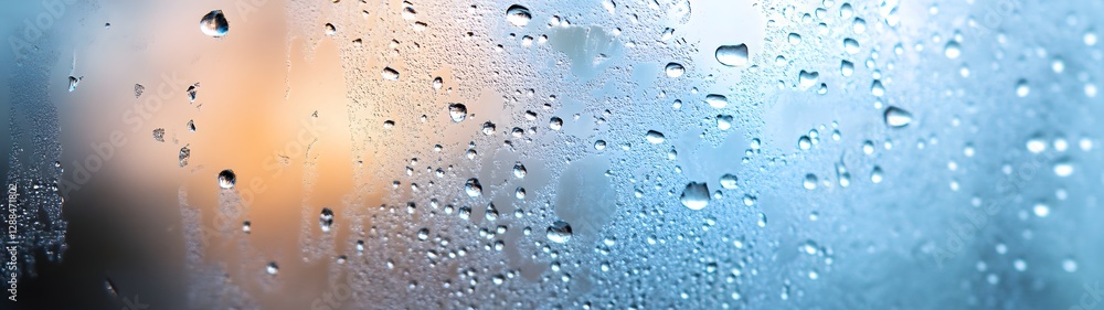 Aufkleber Rainy window glass with water droplets on the transparent surface in a moody gloomy and atmospheric environment  The image depicts a rainy overcast day with a blurred out of focus background