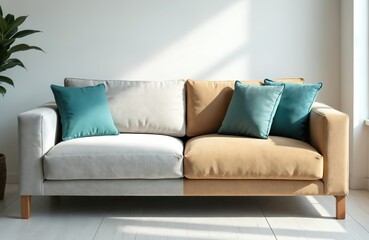 Two-tone sofa after pro dry-cleaning. Half clean, laundered, another half dirty, stained. Before, after cleaning service, cleaning product demonstration, sofa renovation. Textile couch with pillows