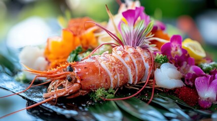 Sashimi platter, lobster slices, tropical setting, outdoor dining, restaurant menu
