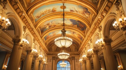 Fototapeta premium Opulent Gold Hallway with Majestic Chandeliers