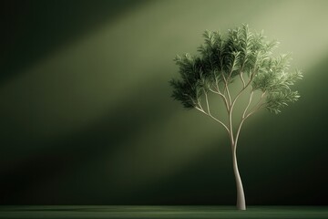 Solitary tree stands gracefully in soft green light, casting gen