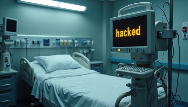 Empty hospital room with patient monitor displays HACKED warning, illustrating cyber security risks in healthcare. Medical devices surrounds patient bed. Digital threat of information vulnerability