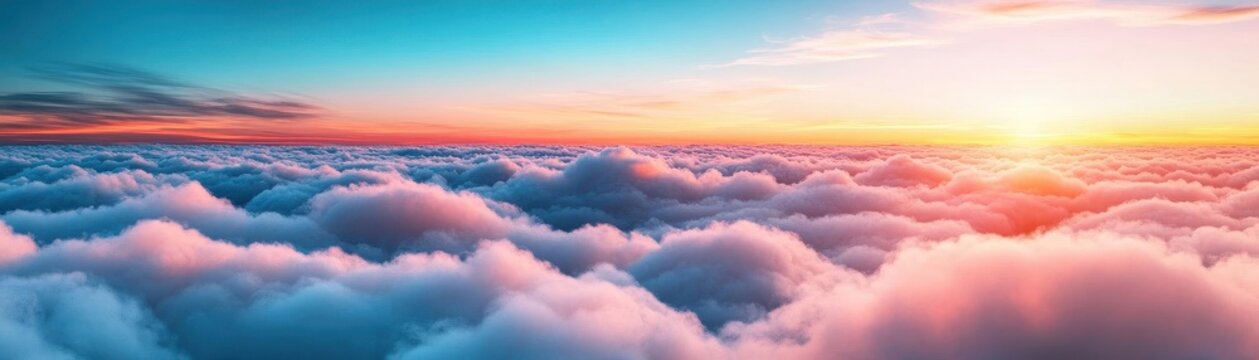 Concepto de viaje en avion Volando sobre la ciudad hacia el destino Paisaje al atardecer sobre las nubes