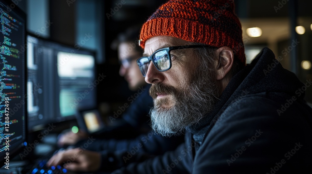Poster in a data center system control room, a skilled male it programmer works on a desktop with a green m