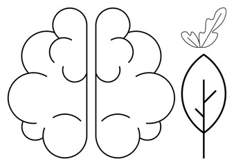 Simplified brain outline adjacent to stylized leaves. Ideal for themes thumbs up intelligence, creativity, nature, growth, eco-consciousness, mental health, environmental consciousness. Includes