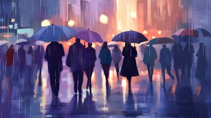 Silhouettes of anonymous pedestrians with umbrellas walking through the rainy streets of a metropolitan city at night  Reflections on the wet pavement blurred lights and a gloomy