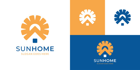 Creative sun house logo. Solar energy and home logo design vector illustration.