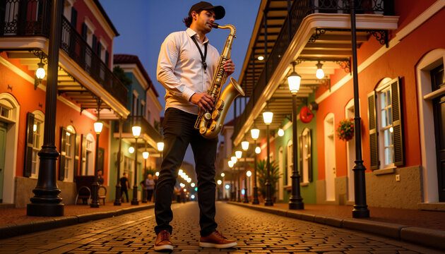 Soulful saxophonist playing in French Quarter at dusk, evening celebration