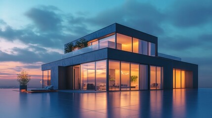 Modern hillside mansion sunset reflection luxury real estate