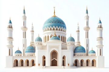 Fototapeta premium Majestic White Mosque with Blue Domes Islamic Architecture Religious Building Travel Destination